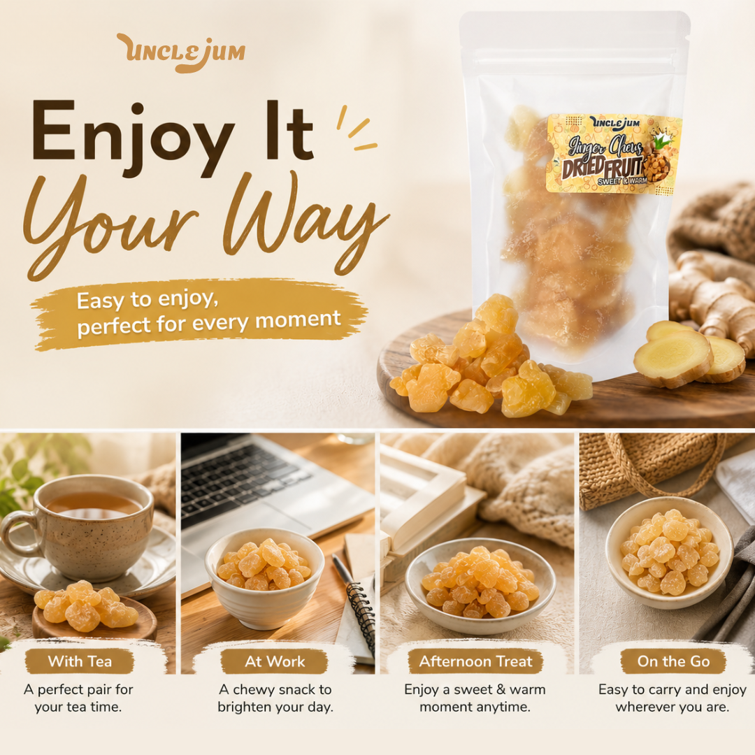 UNCLEJUM Ginger Chews – Sweet & Warm Dried Ginger Snack with Real Ginger – Soft & Chewy – 150g