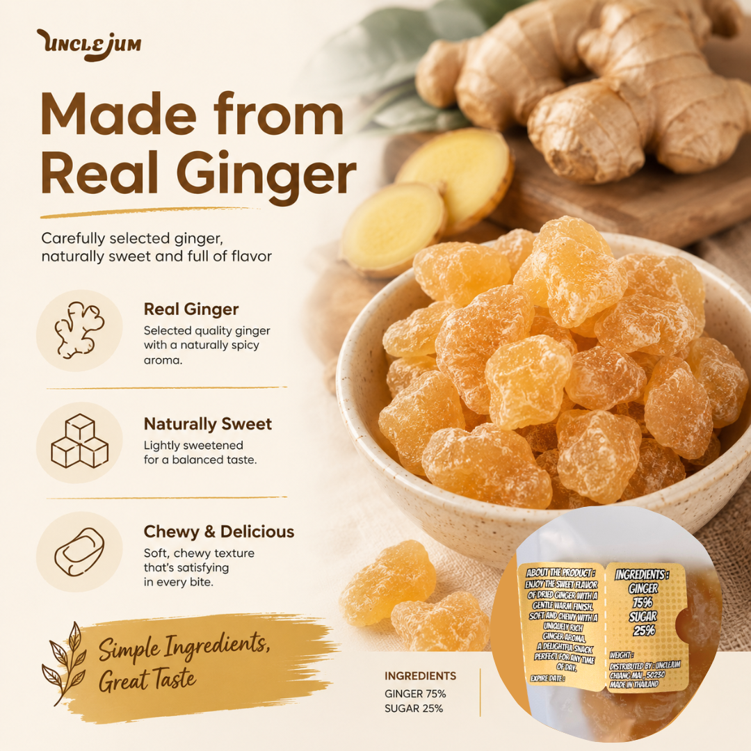 UNCLEJUM Ginger Chews – Sweet & Warm Dried Ginger Snack with Real Ginger – Soft & Chewy – 150g
