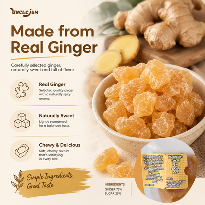 UNCLEJUM Ginger Chews – Sweet & Warm Dried Ginger Snack with Real Ginger – Soft & Chewy – 150g
