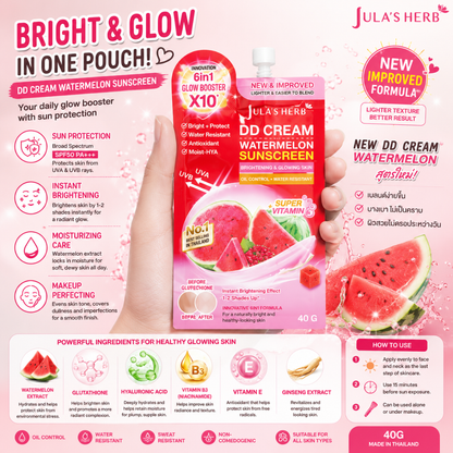 JULA'S HERB Watermelon DD Cream Sunscreen SPF50 PA+++ 40g Lightweight DD Cream Sunscreen | Instant Brightening | Waterproof | Oil Control | Natural Coverage