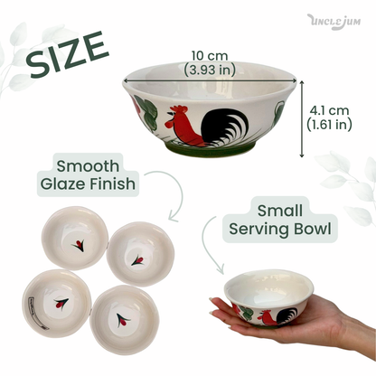 UNCLEJUM Thai Rooster Ceramic Serving Bowls Set of 4, 3.9 Inch Small Bowls for Dipping Sauce, Condiments, Snacks, Dessert, Rice & Side Dishes