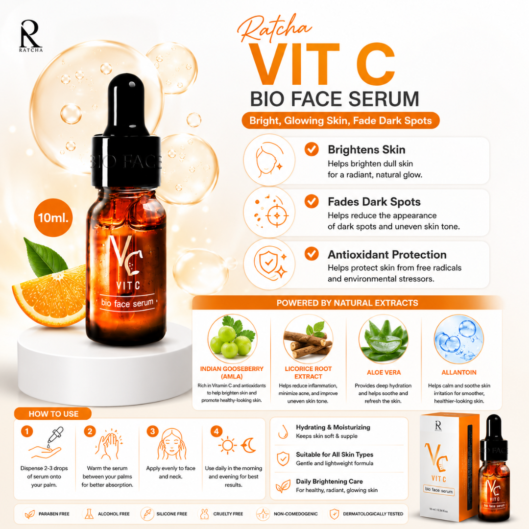 Ratcha Vit C Bio Face Serum 10ml – Brightening Vitamin C Serum with Indian Gooseberry, Licorice Root & Aloe Vera Helps Fade Dark Spots, Hydrate & Reveal Radiant Skin