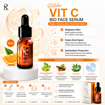 Ratcha Vit C Bio Face Serum 10ml – Brightening Vitamin C Serum with Indian Gooseberry, Licorice Root & Aloe Vera Helps Fade Dark Spots, Hydrate & Reveal Radiant Skin
