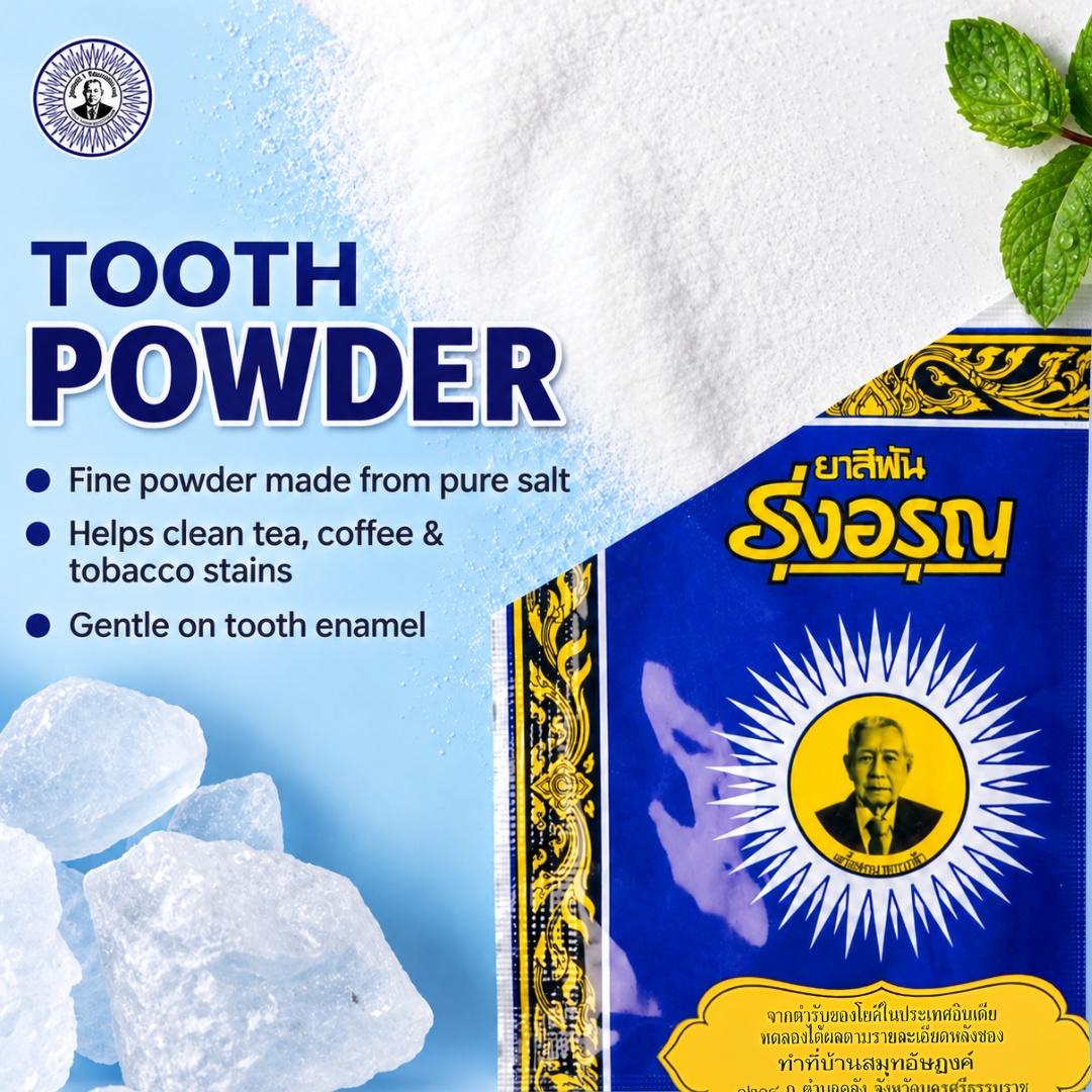 Roong Aroon Herbal Tooth Powder – Traditional Thai Salt-Based Tooth Cleaning Powder – 18g × 6 Packs