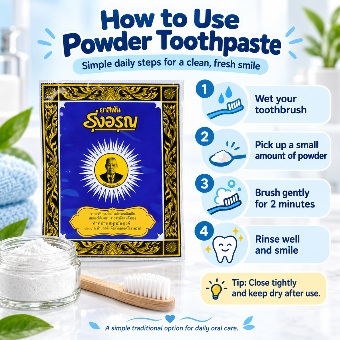 Roong Aroon Herbal Tooth Powder – Traditional Thai Salt-Based Tooth Cleaning Powder – 18g × 6 Packs