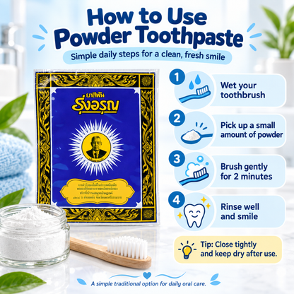 Roong Aroon Herbal Tooth Powder – Traditional Thai Salt-Based Tooth Cleaning Powder – 18g × 6 Packs
