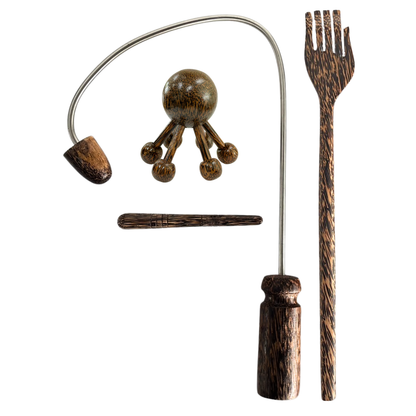 Traditional Thai Palm Wood Massage Tool Set – 4-Piece Body Massager, Pressure Point Tools & Back Scratcher for Home, Spa & Wellness
