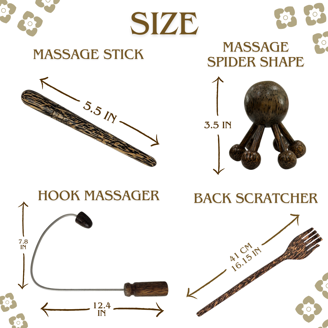 Traditional Thai Palm Wood Massage Tool Set – 4-Piece Body Massager, Pressure Point Tools & Back Scratcher for Home, Spa & Wellness