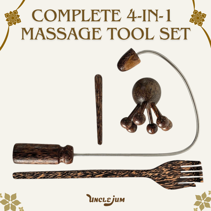 Traditional Thai Palm Wood Massage Tool Set – 4-Piece Body Massager, Pressure Point Tools & Back Scratcher for Home, Spa & Wellness