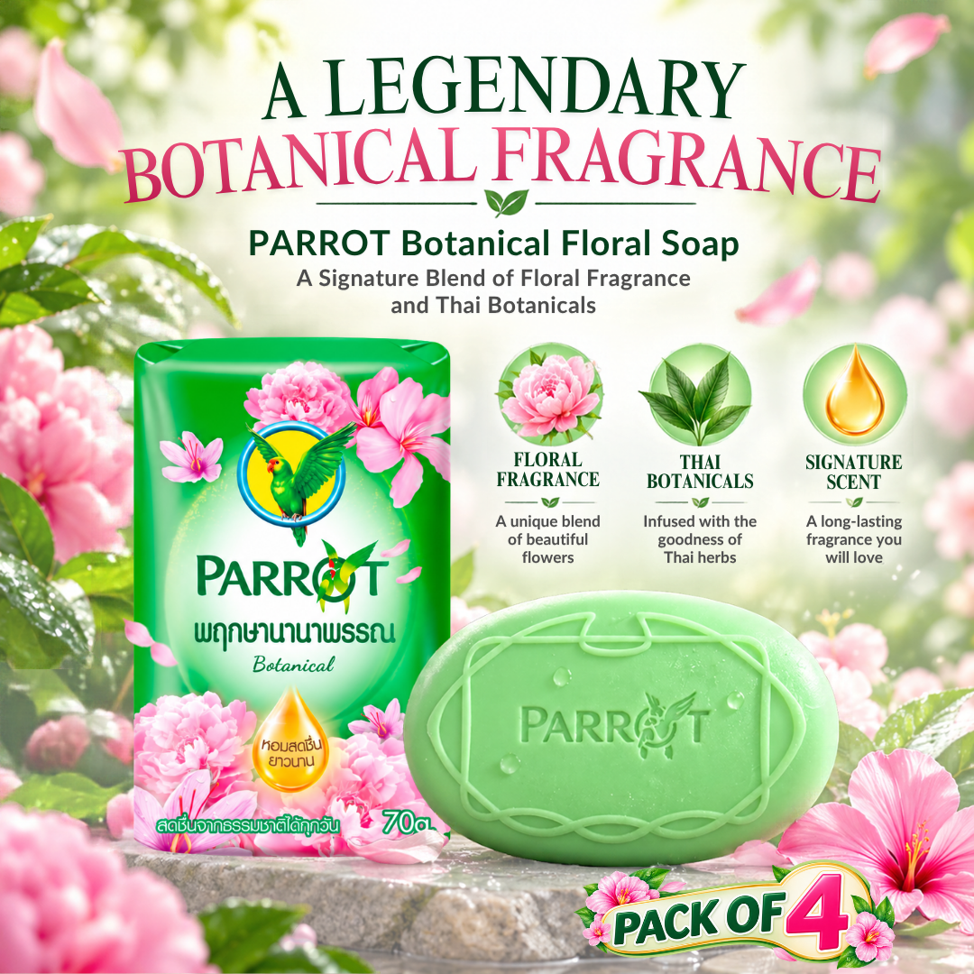 Parrot Botanicals Unique Botanical Bar Soap – Floral & Thai Botanical Fragrance – 70g × 4 Bars