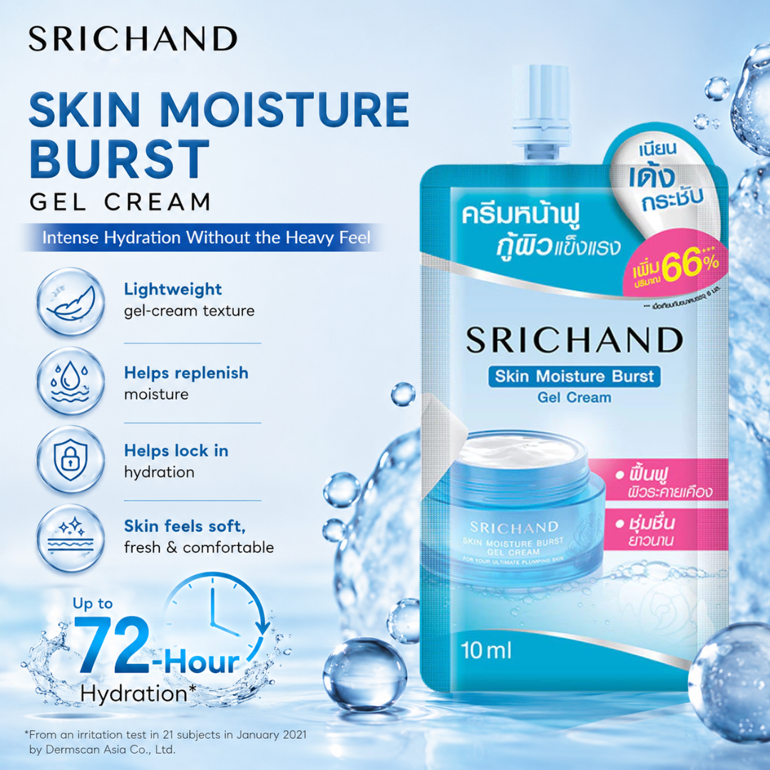 SRICHAND Skin Moisture Burst Gel Cream – 72-Hour Hydrating Facial Moisturizer with Hyaluronic Acid & Centella – 10ml × 3 Packs