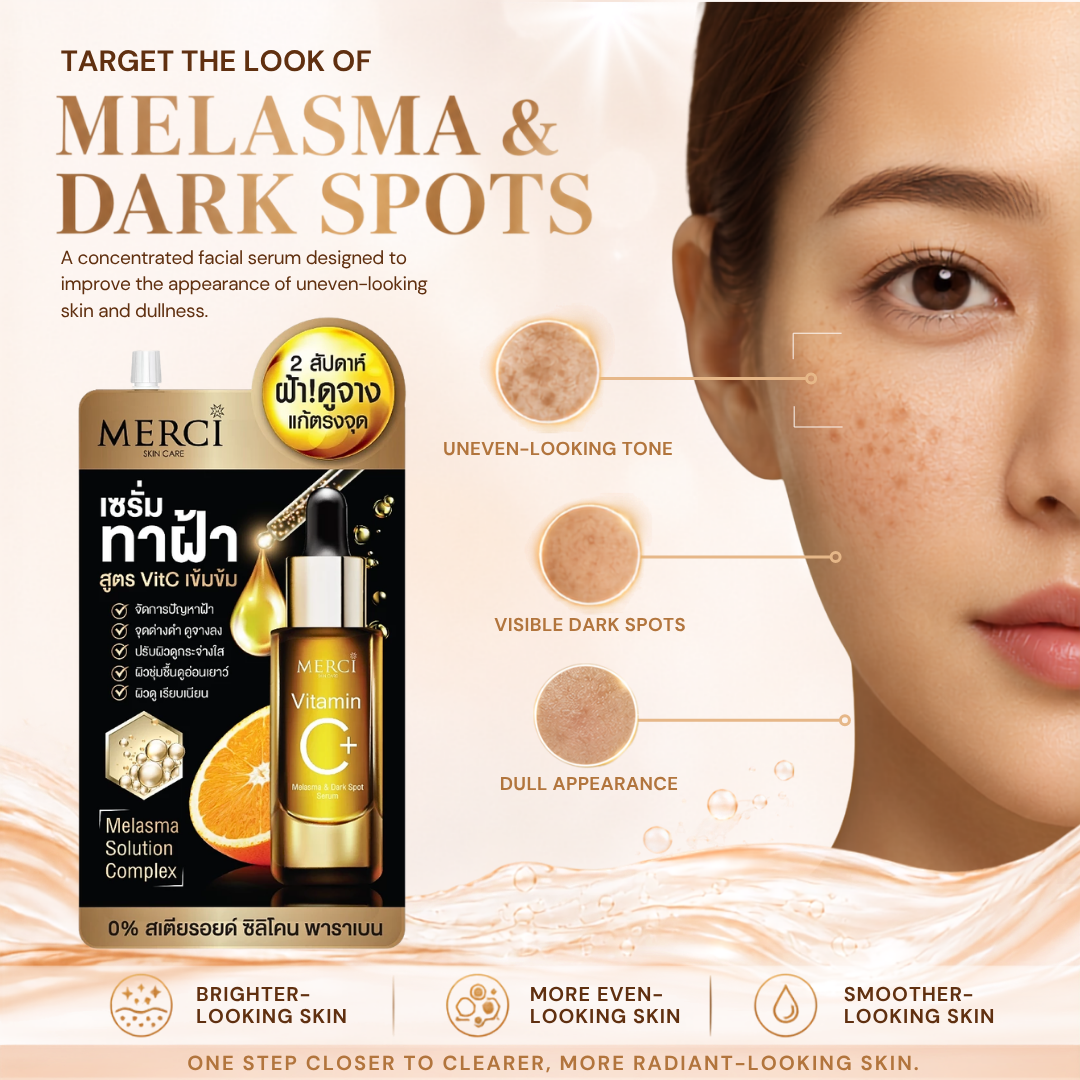 Merci Vitamin C+ Melasma & Dark Spot Serum – Brightening Facial Serum with Vitamin C, Niacinamide & PHA – 4g × 3 Packs