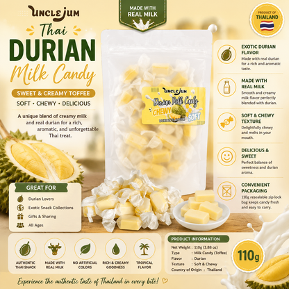 Thai Durian Milk Candy 110g – Soft & Chewy Milk Toffee with Real Durian, Creamy Tropical Candy, Authentic Thai Sweet Snack