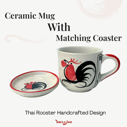 Traditional Thai Rooster Ceramic Mug & Coaster Set – Hand-Painted Tableware for Coffee, Tea & Home Décor