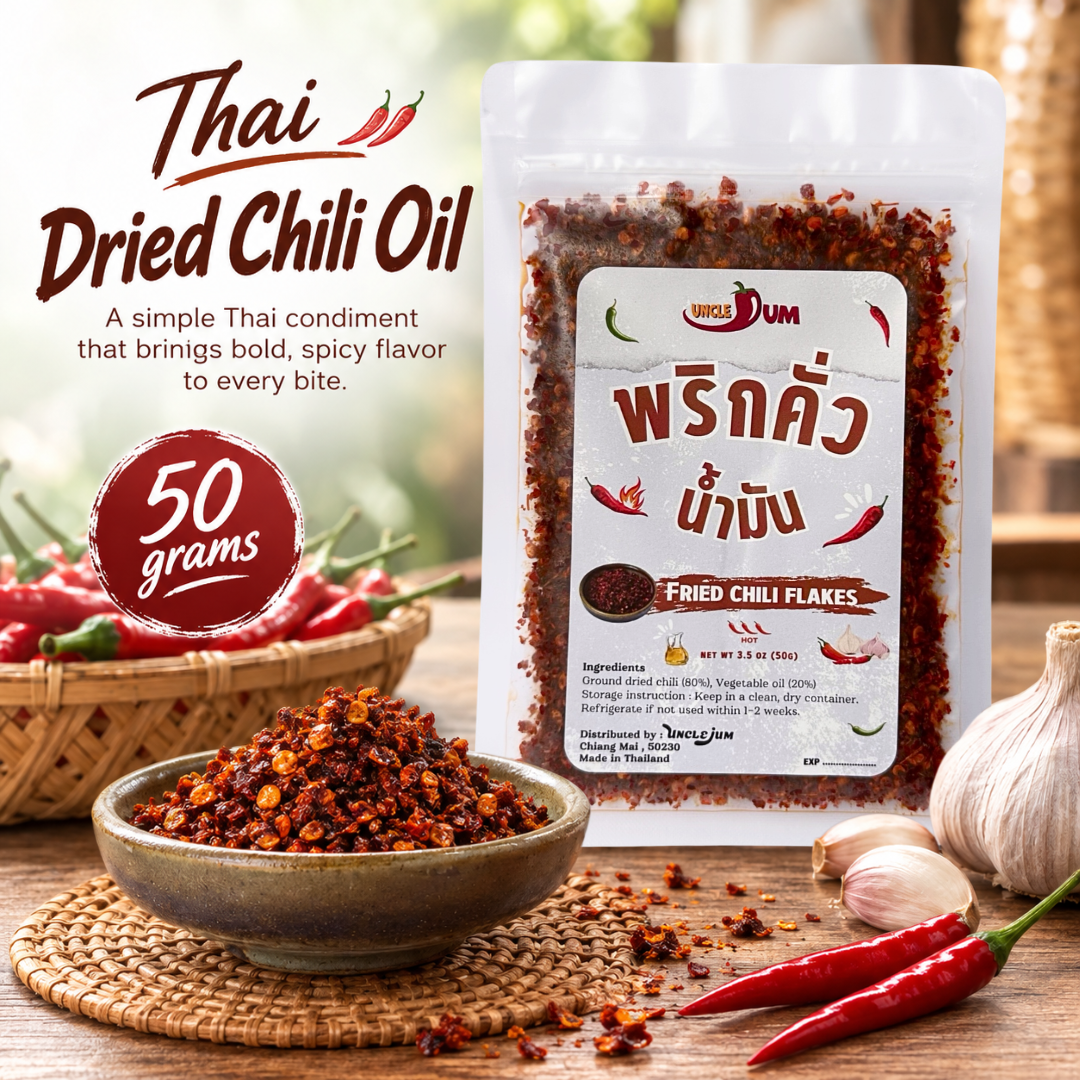 UNCLEJUM Thai Fried Chili Flakes in Oil – Hot Crispy Chili Topping for Rice, Noodles, Eggs & Stir-Fries – 50g