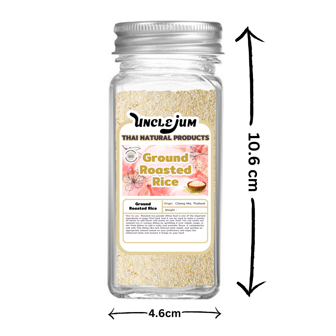 UNCLEJUM Thai Ground Roasted Rice (Khao Khua , ข้าวคั่ว) – 100% Roasted Rice Powder in Premium Glass Spice Jar – Authentic Thai Seasoning for Larb, Nam Tok, Jaew & Isaan Cuisine (100g)
