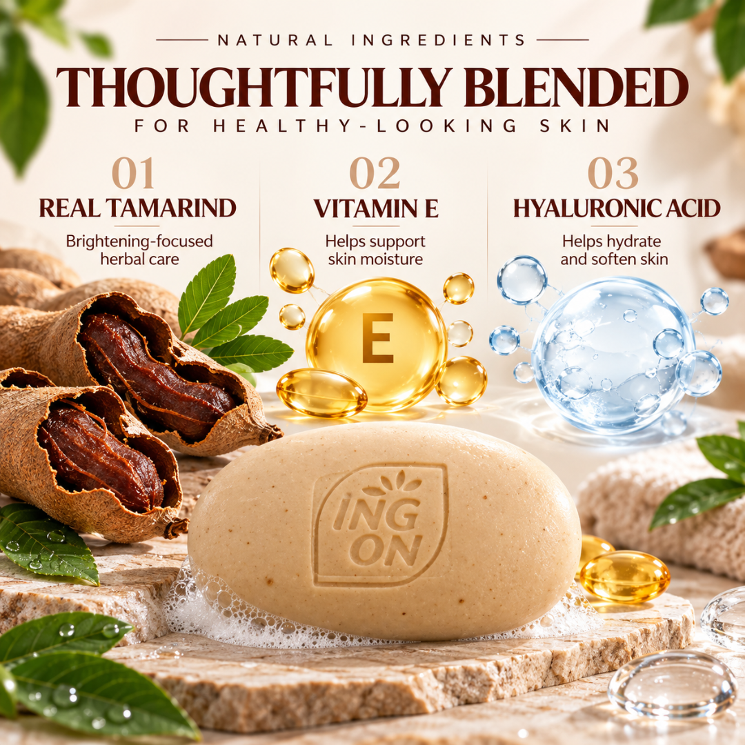 ING ON Tamarind Herbal Soap – Thai Herbal Cleansing Bar with Tamarind, Vitamin E & Hyaluron – 85g × 4 Bars
