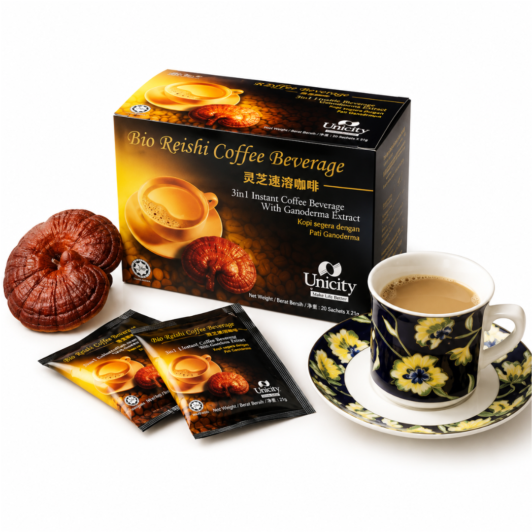 Unicity Bio Reishi Coffee – Premium Ganoderma Mushroom Coffee with Low Caffeine for Natural Energy, Immune Support & Daily Wellness I Functional Mushroom Coffee Supports Energy, Immunity, Healthy Metabolism & Antioxidant Protection | 20 Sachets