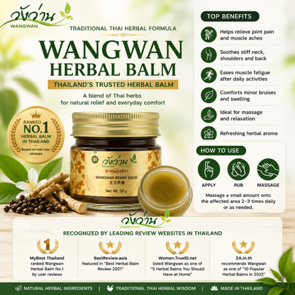 Wangwan Herbal Balm with Concentrated Thai Plai Oil – Traditional Thai Massage Balm for Muscle Comfort, Fast-Absorbing, Non-Greasy Formula