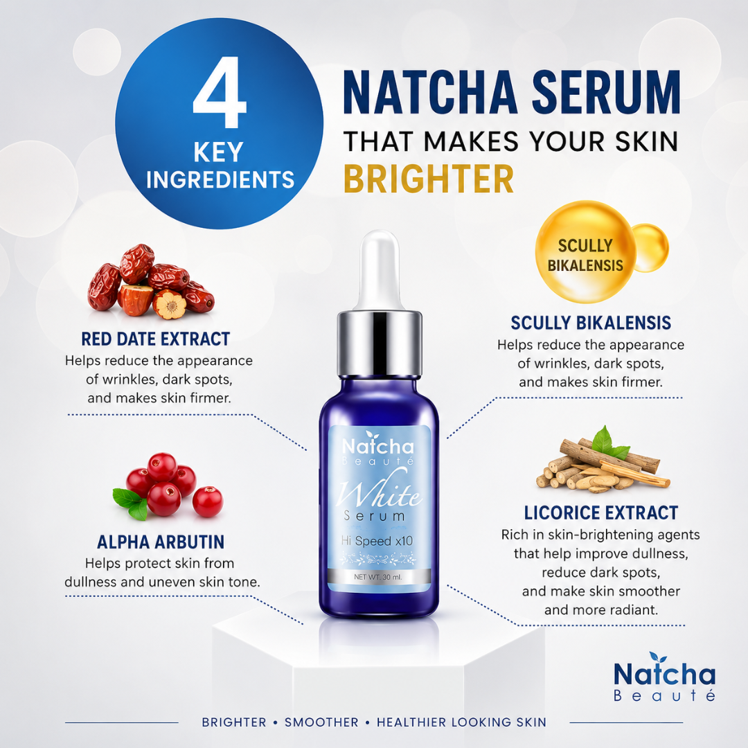 Natcha Beaute White Serum 30ml – Brightening Facial Serum with Alpha Arbutin, Licorice Root & Scutellaria | Dark Spot & Hydrating Face Serum