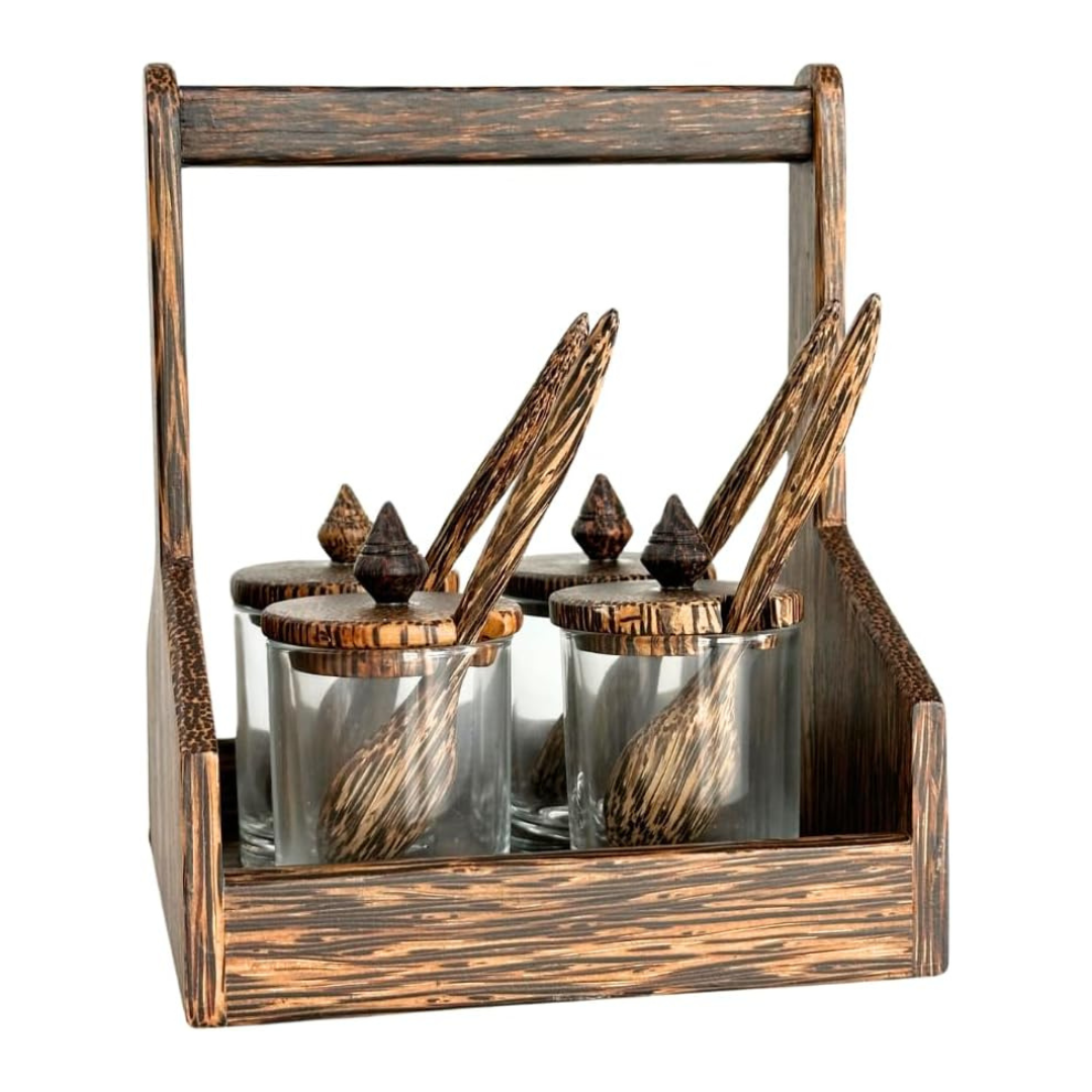 Asian Dinnerware Condiment Set – Palmwood Holder with 4 Jars & Spoons | Thai Kitchen Seasoning Organizer