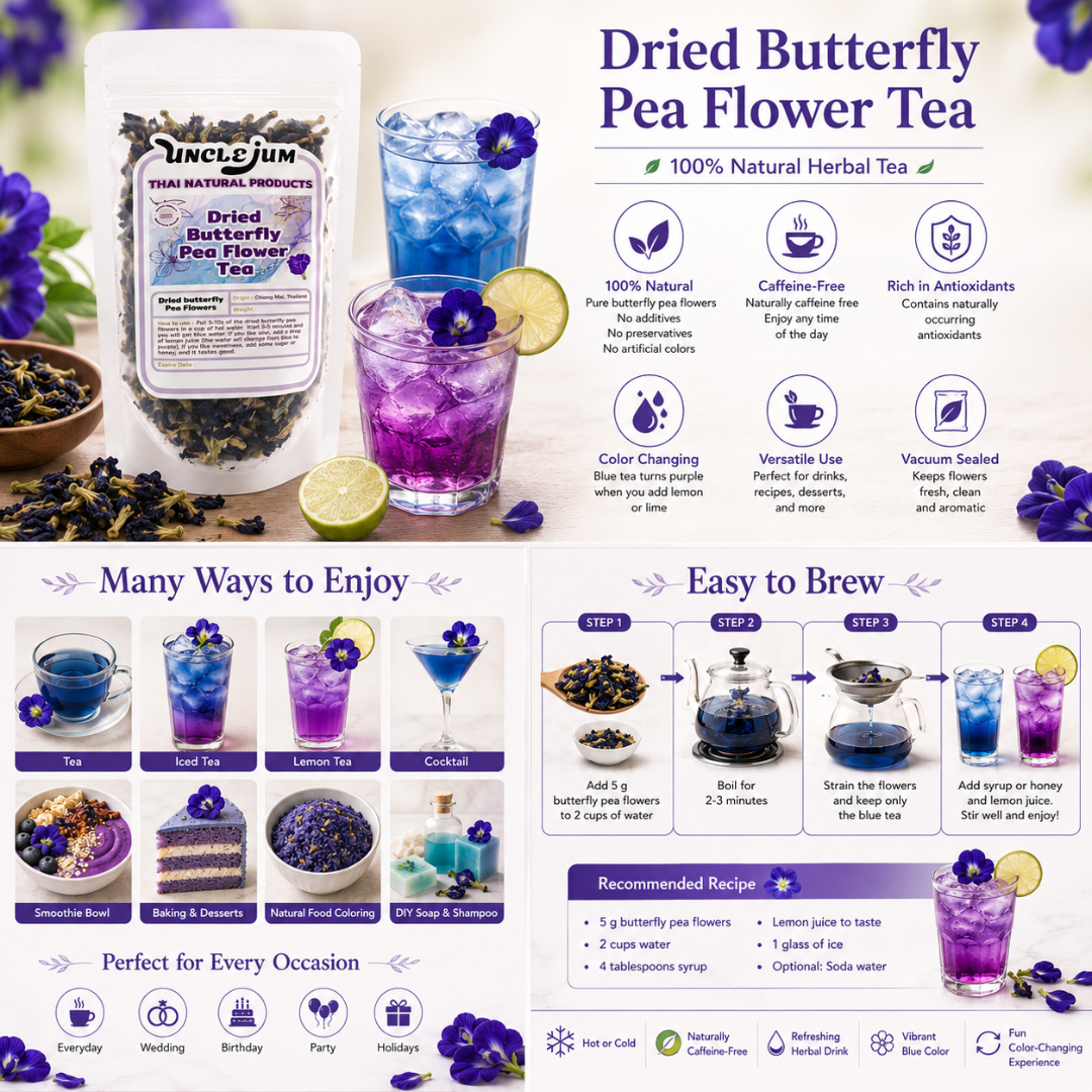 UNCLEJUM Dried Butterfly Pea Flower Tea 100g | Natural Blue Herbal Tea | Caffeine-Free Flower Drink for Cooking, Coloring & Gifts