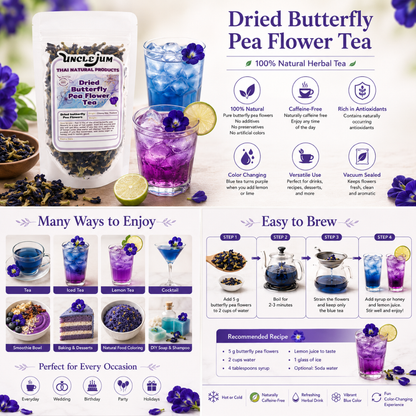 UNCLEJUM Dried Butterfly Pea Flower Tea 100g | Natural Blue Herbal Tea | Caffeine-Free Flower Drink for Cooking, Coloring & Gifts