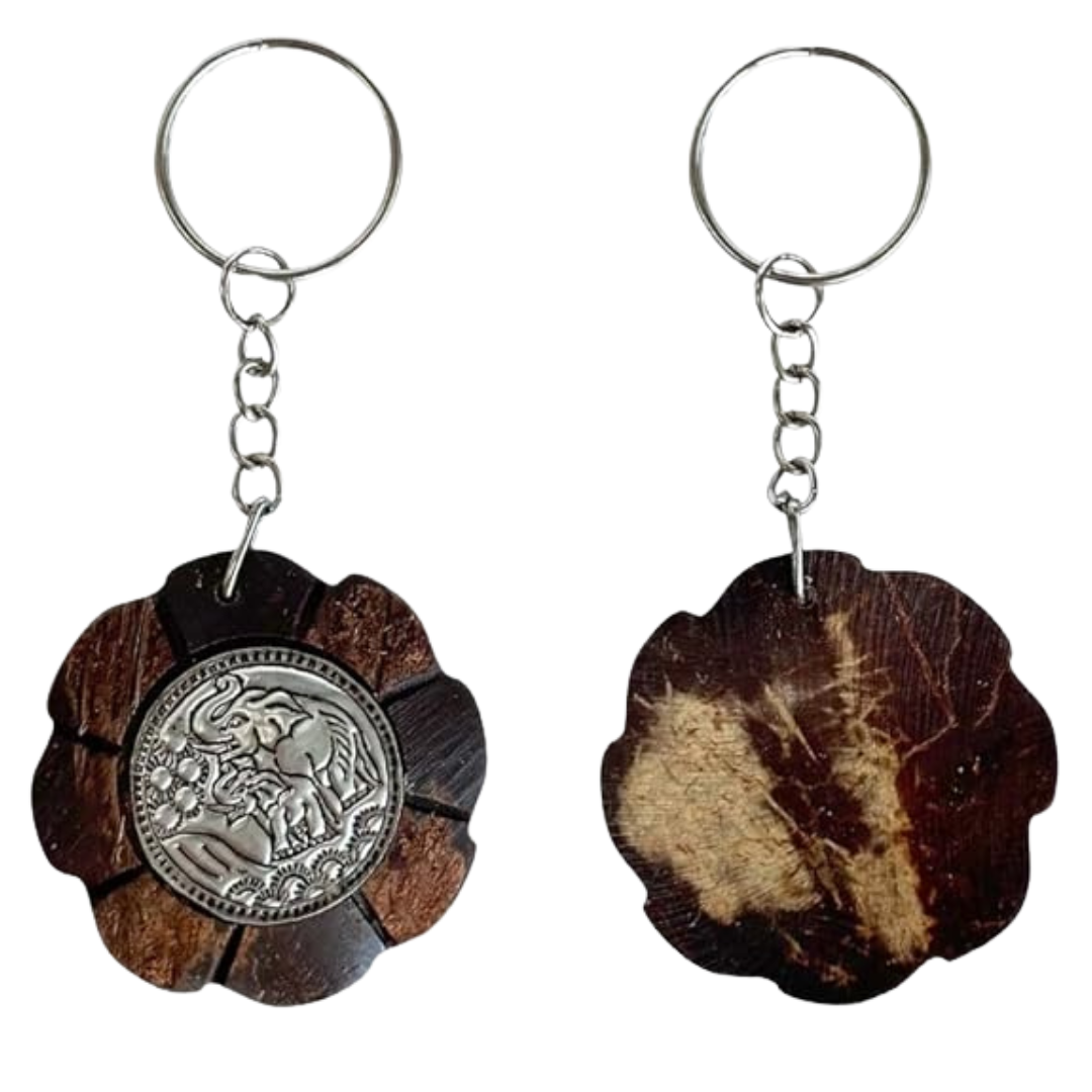 Elephant Keychains Set of 10 – Coconut Shell Wood Carving | Handcrafted Hammered Metal Plate
