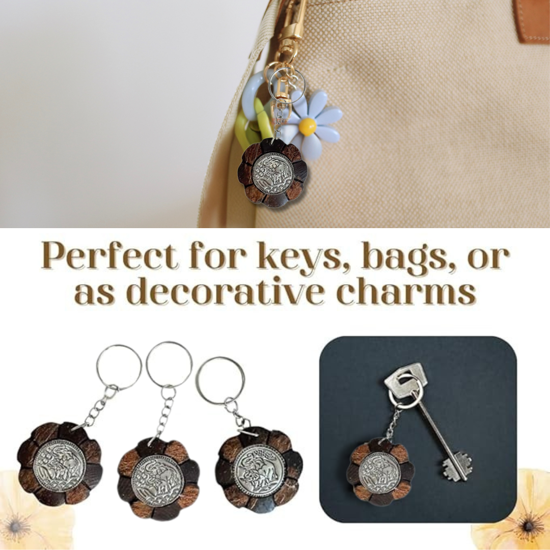 Elephant Keychains Set of 10 – Coconut Shell Wood Carving | Handcrafted Hammered Metal Plate