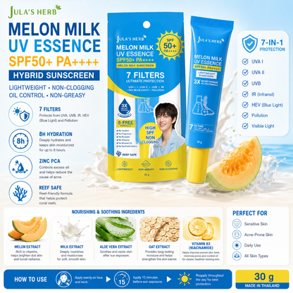 JULA'S HERB Melon Milk UV Essence SPF50+ PA++++ 30g – Hybrid Sunscreen with Vitamin B3, Milk Extract, Aloe Vera & Oat Extract | Broad Spectrum UVA UVB, Blue Light & IR Protection | Lightweight Daily Face Sunscreen