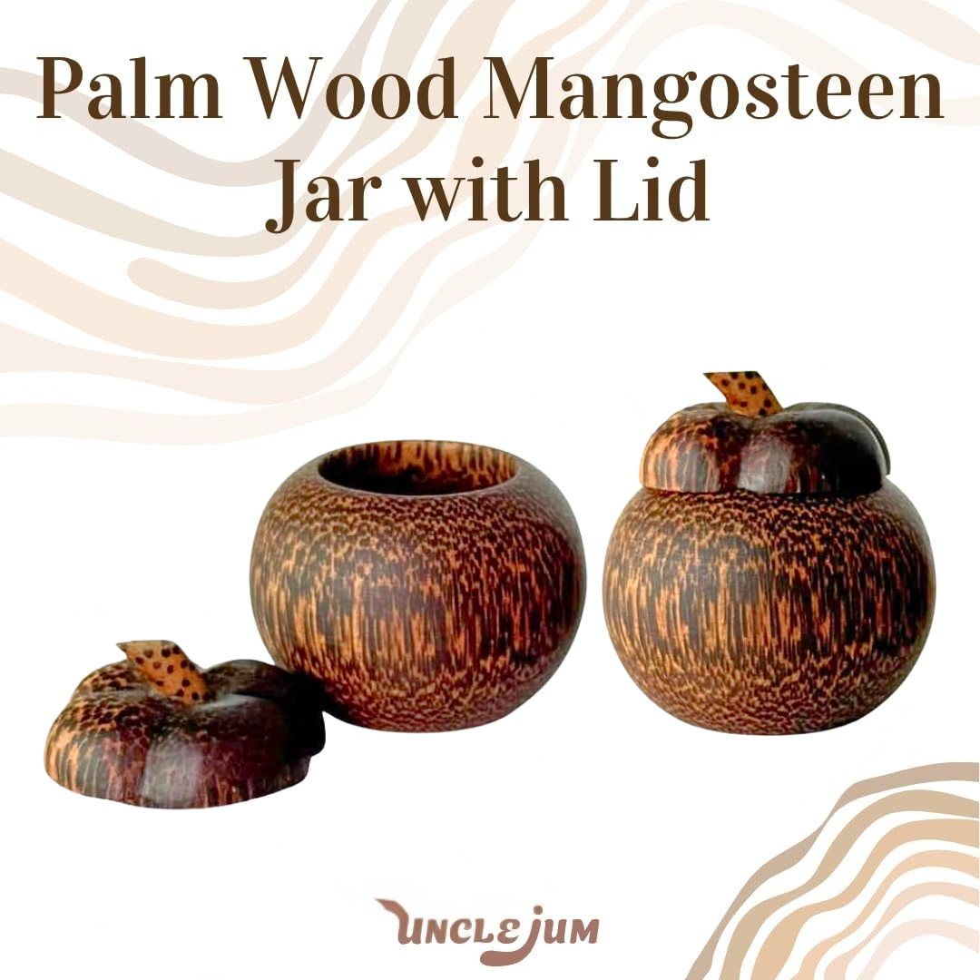 Mangosteen Shape Wooden Jar with Lid (Set of 2) – Palm Wood Mini Containers (2.5")