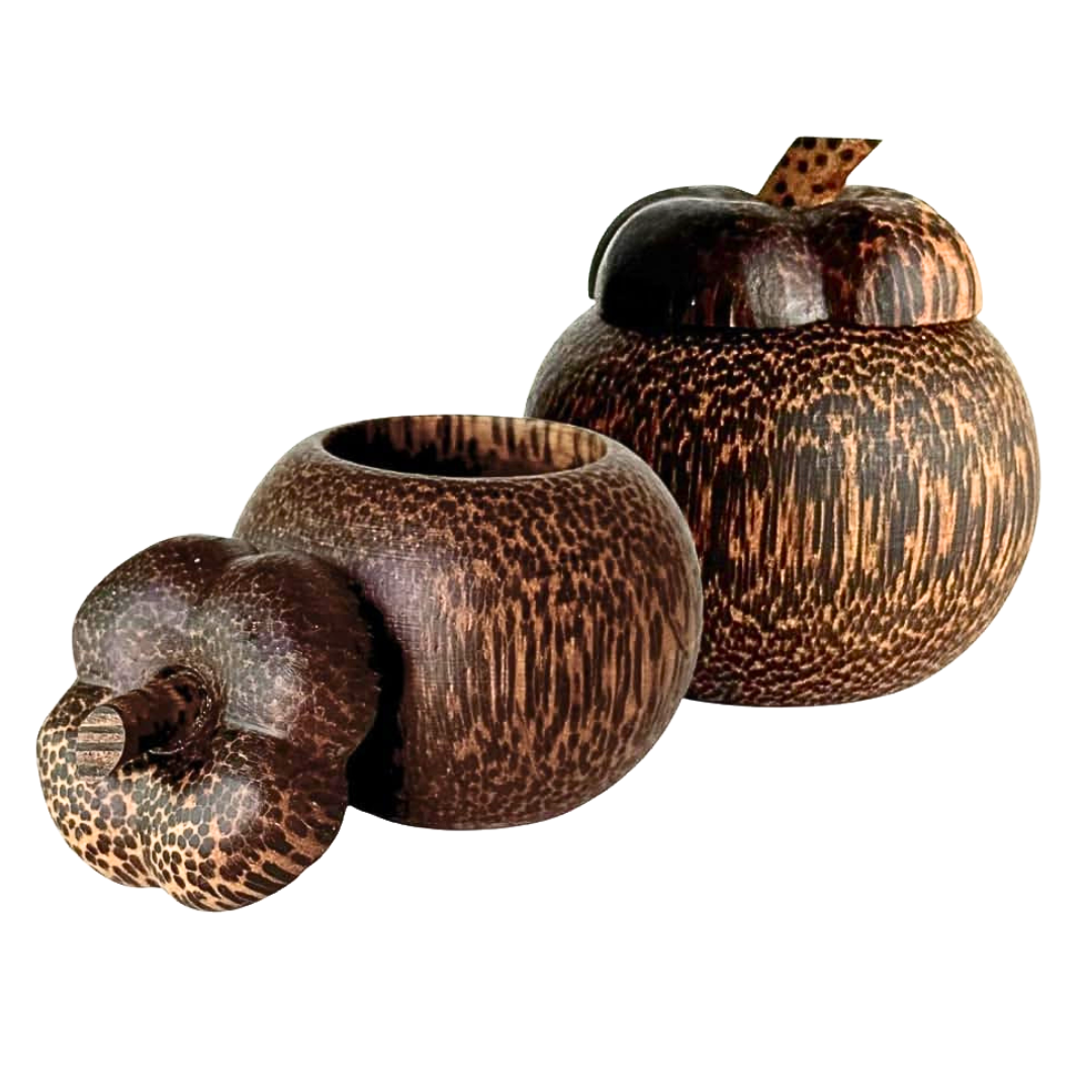Mangosteen Shape Wooden Jar with Lid (Set of 2) – Palm Wood Mini Containers (2.5")