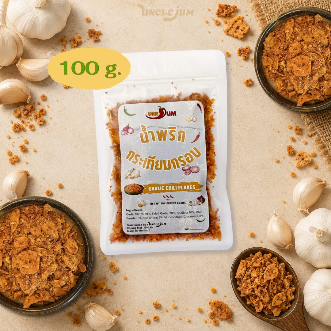 UNCLEJUM Thai Garlic Chili Flakes – Crispy Garlic & Shallot Topping with Chili Seasoning for Rice, Noodles & Everyday Meals – 100g
