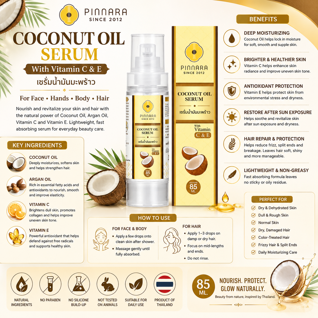 Pinnara Coconut Oil Serum – Multi-Purpose Coconut Oil Serum with Vitamin C, Vitamin E & Argan Oil for Face, Body & Hair – 85ml