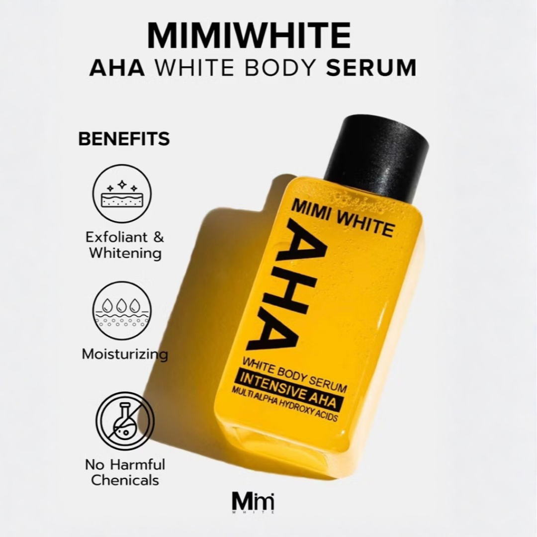 MIMI WHITE AHA White Body Serum 30ml – Multi-Acid Brightening Body Serum with AHA, Niacinamide, Kojic Acid & Ginseng | Exfoliating Body Treatment
