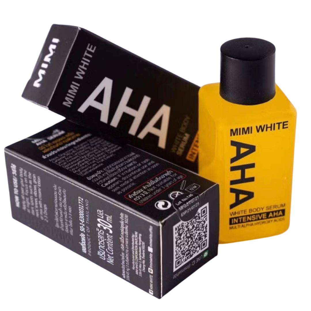MIMI WHITE AHA White Body Serum 30ml – Multi-Acid Brightening Body Serum with AHA, Niacinamide, Kojic Acid & Ginseng | Exfoliating Body Treatment