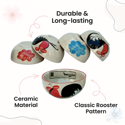5-Piece Thai Rooster Ceramic Bowl Set 3.5 Inch – Traditional Small Serving Bowls for Dipping Sauce, Condiments, Snacks, Dessert, Rice, Ice Cream & Side Dishes