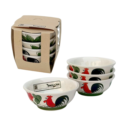 UNCLEJUM Thai Rooster Ceramic Serving Bowls Set of 4, 3.9 Inch Small Bowls for Dipping Sauce, Condiments, Snacks, Dessert, Rice & Side Dishes