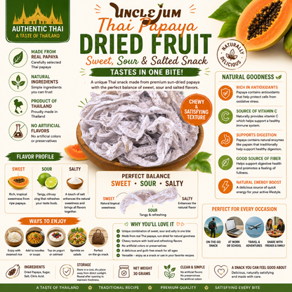 UNCLEJUM Thai Dried Papaya Snack – Sweet, Sour & Salted Dried Papaya Strips – Tropical Chewy Fruit Snack, Authentic Thai Dried Fruit, 30g
