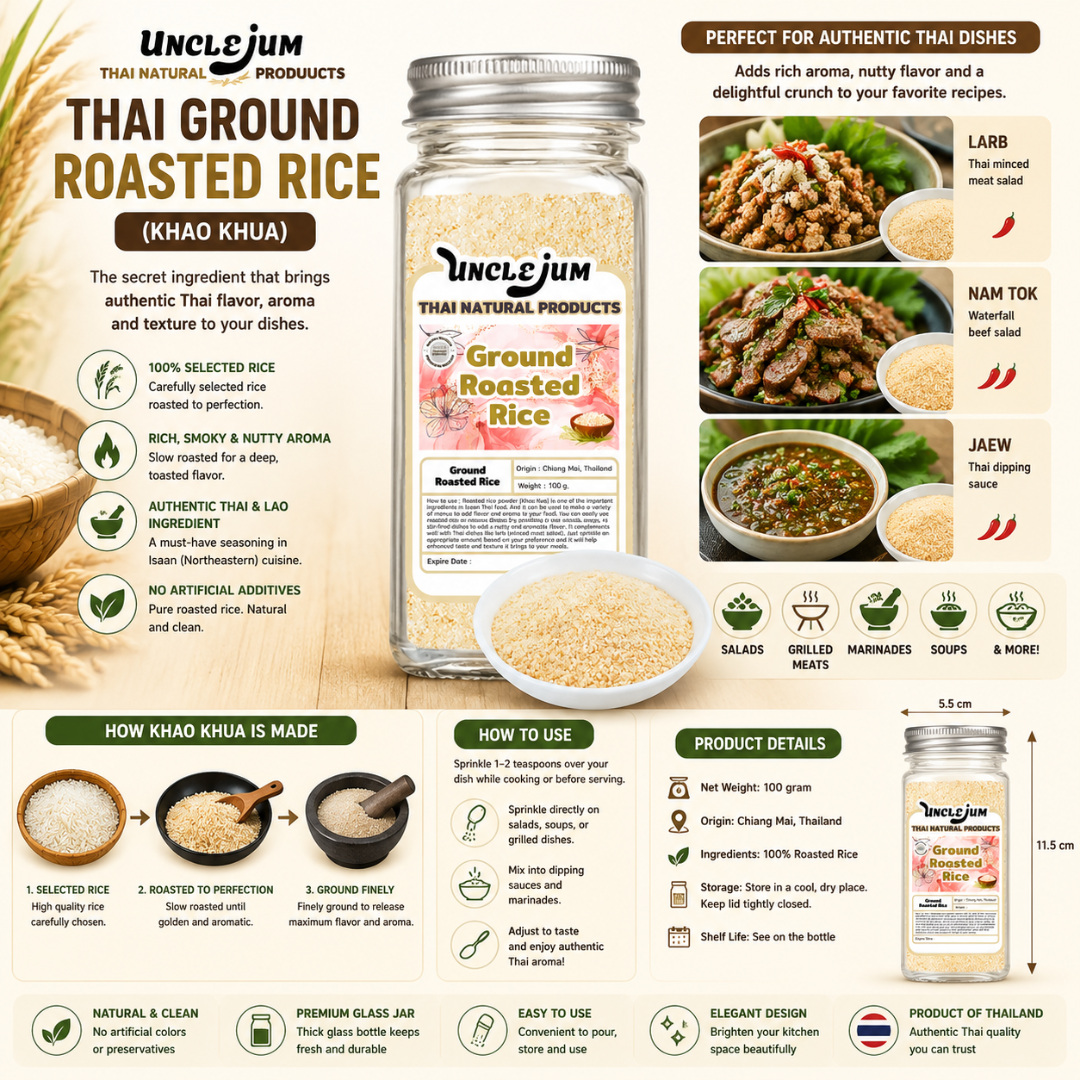 UNCLEJUM Thai Ground Roasted Rice (Khao Khua , ข้าวคั่ว) – 100% Roasted Rice Powder in Premium Glass Spice Jar – Authentic Thai Seasoning for Larb, Nam Tok, Jaew & Isaan Cuisine (100g)