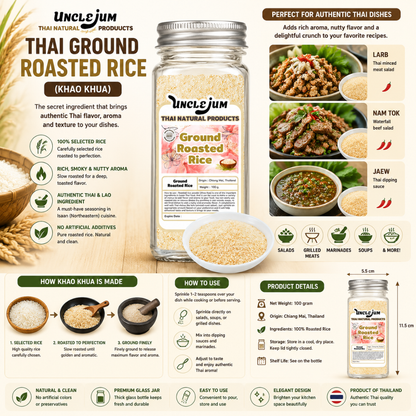 UNCLEJUM Thai Ground Roasted Rice (Khao Khua , ข้าวคั่ว) – 100% Roasted Rice Powder in Premium Glass Spice Jar – Authentic Thai Seasoning for Larb, Nam Tok, Jaew & Isaan Cuisine (100g)