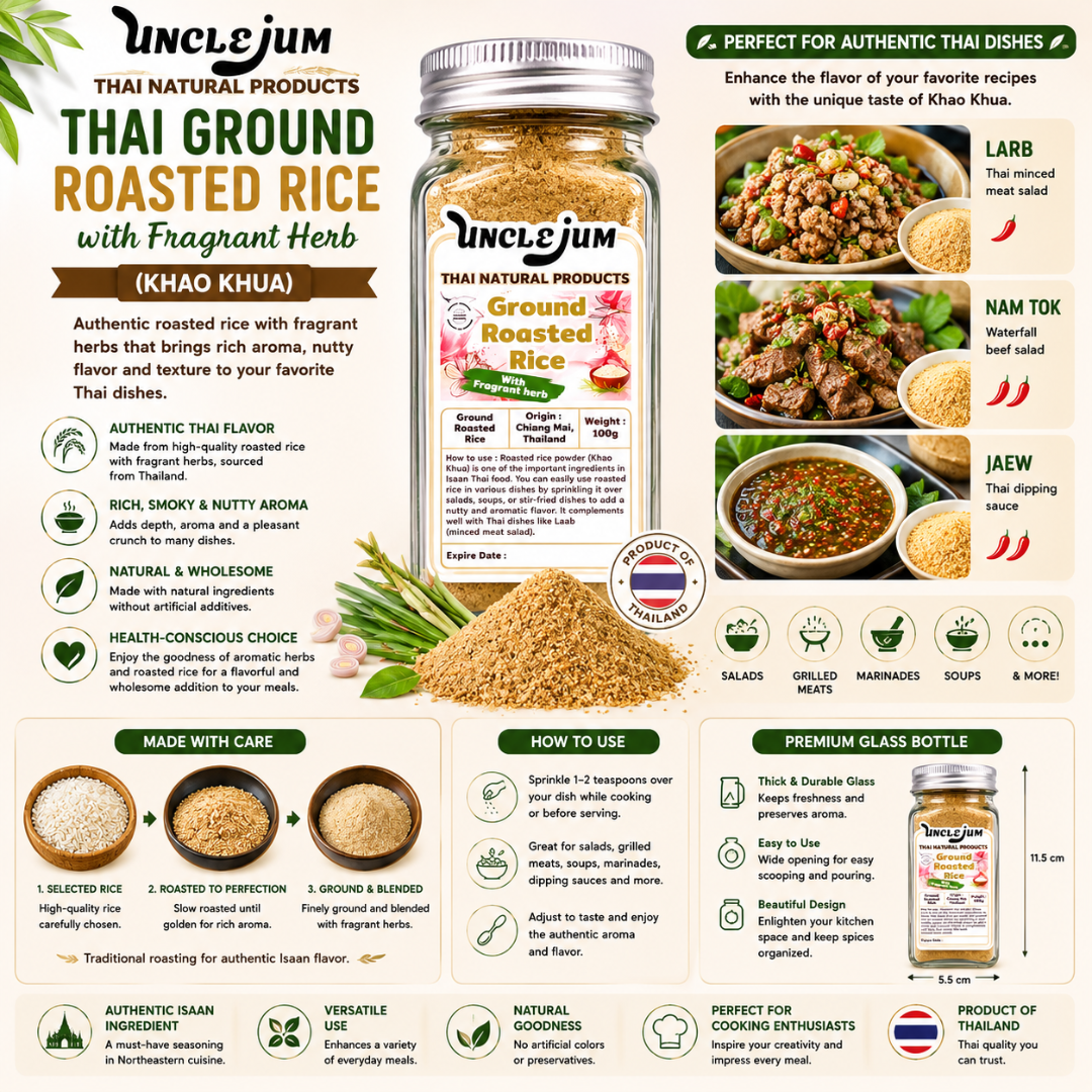 UNCLEJUM Thai Ground Roasted Rice (Khao Khua , ข้าวคั่ว) – 100% Roasted Rice Powder in Premium Glass Spice Jar – Authentic Thai Seasoning for Larb, Nam Tok, Jaew & Isaan Cuisine (100g)