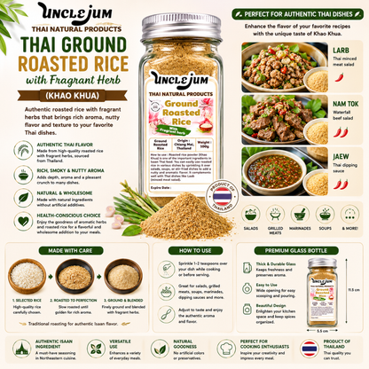 UNCLEJUM Thai Ground Roasted Rice (Khao Khua , ข้าวคั่ว) – 100% Roasted Rice Powder in Premium Glass Spice Jar – Authentic Thai Seasoning for Larb, Nam Tok, Jaew & Isaan Cuisine (100g)