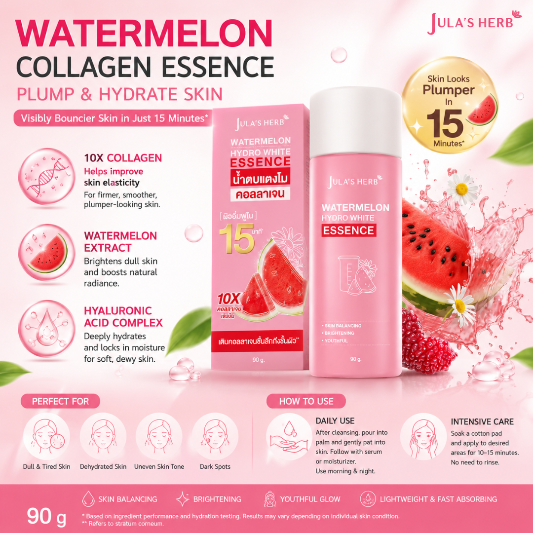 JULA'S HERB Watermelon Hydro White Essence 90g – Brightening Collagen Essence Toner with Watermelon Extract, Niacinamide & Hyaluronic Acid | Hydrating, Plumping & Radiance Boosting Facial Essence